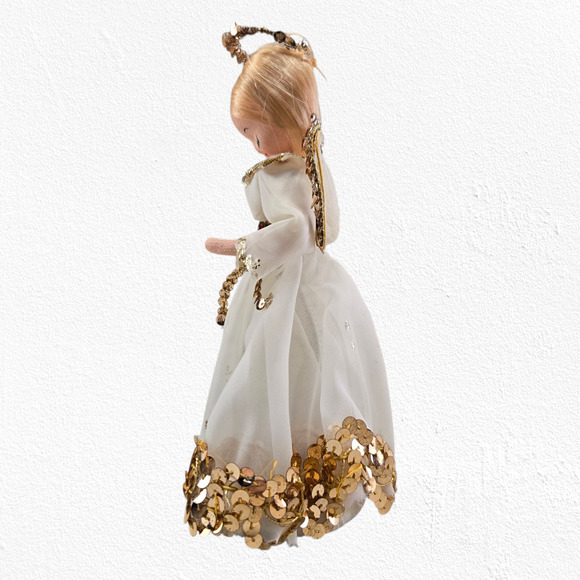 Vintage 1960s Japan Angel Tree Topper Gold Sequin Tulle Dress 8” Christmas Decor - Picture 4 of 10